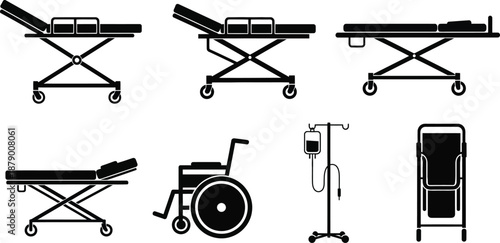 Hospital and medical equipment medical stretchers and gurneys, wheelchair, IV (intravenous) stand vector icon silhouette.