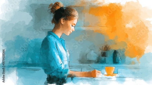Modern business professional lifestyle office work artistic watercolor illustration of a woman writing in a cozy kitchen environment