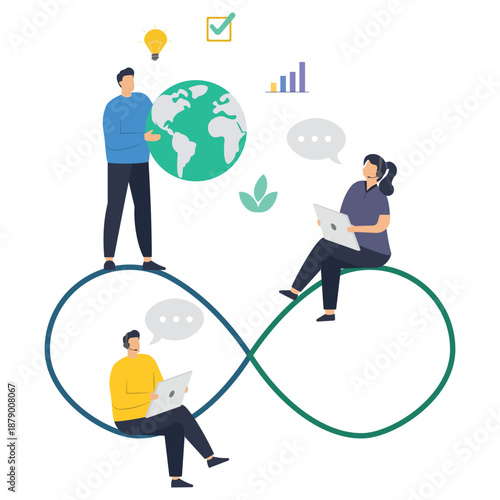 Three diverse colleagues interact around an infinity loop symbol representing continuous workflow or agile development methodology with global connection.