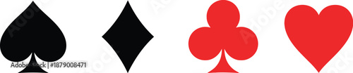 Four standard suits playing cards. Spades, Clubs, Hearts, and Diamonds. 