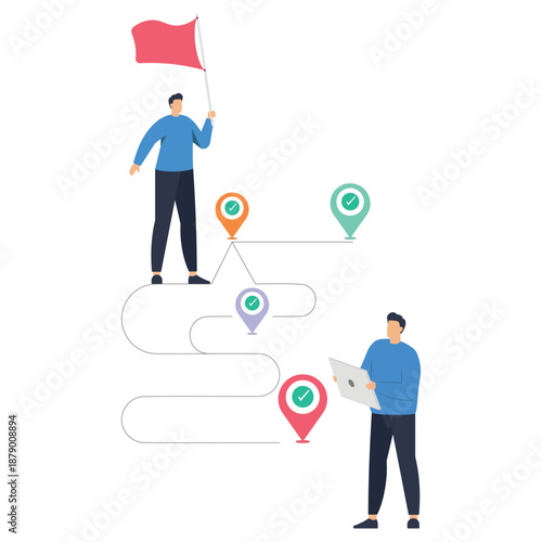 Man holding a red flag stands on a successful route pin while colleague reviews the completed digital map with multiple location points on a portable computer.