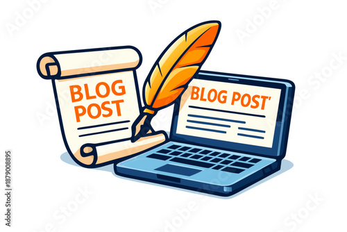 Creative Blogger Writing Engaging Online Content on Laptop with Quill Pen Inspiration