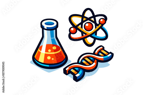 Laboratory Research Symbols: DNA, Atom, and Experimentation Equipment