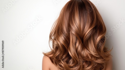 A stunning back view of a woman showcasing her long, shiny brown hair, highlighting the smoothness and richness of the hair's color against a clean background.