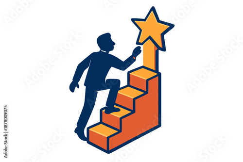 Businessman Reaching for Success by Climbing Staircase to Golden Star