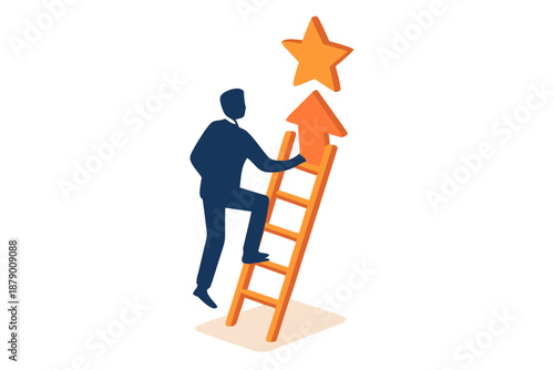 Businessman Climbing Ladder to Reach Golden Star, Symbolizing Success and Achievement