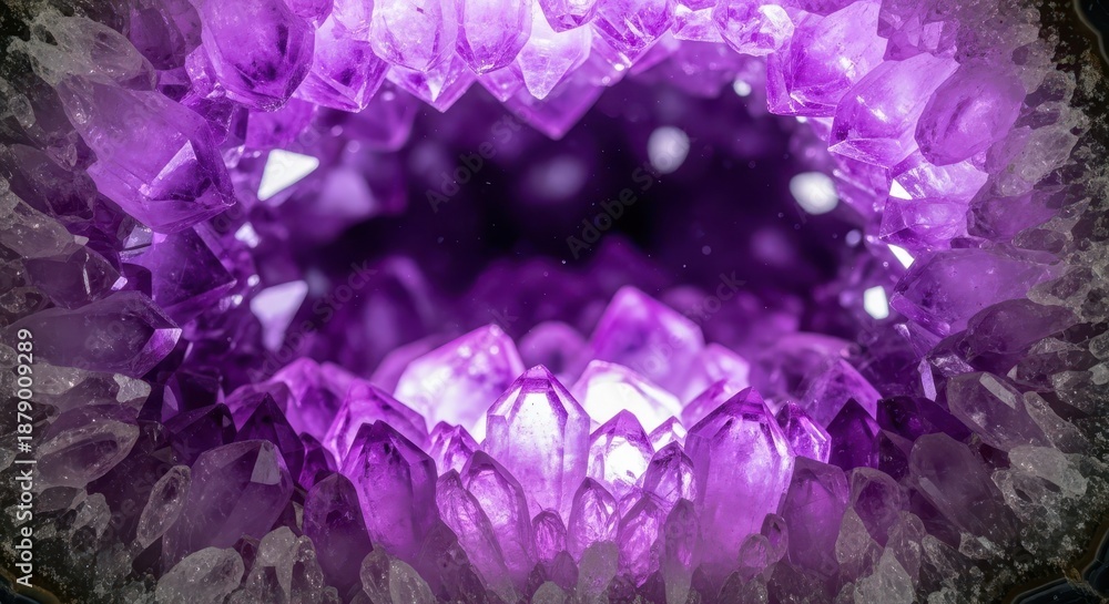 Fototapeta premium Intense violet crystal formations illuminate the interior cavity of a natural geode structure