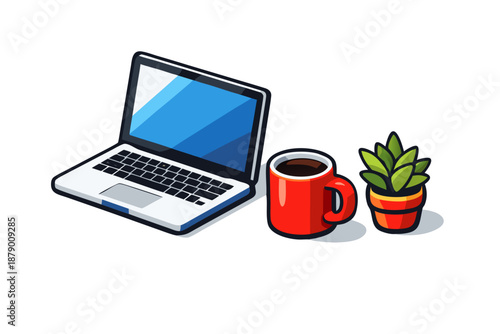 Modern Workspace with Laptop, Coffee, and Potted Plant on White Background
