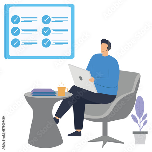 Customer service representative wearing a headset works on a laptop while seated comfortably next to a side table displaying a task completion checklist.