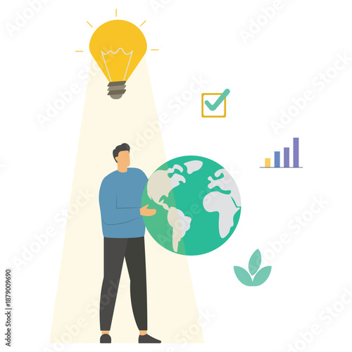 A single man stands illuminated under a spotlight while holding a large representation of the planet Earth, signifying environmental responsibility and focus.