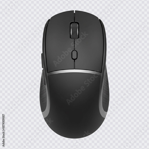 A sleek black wireless computer mouse with a modern ergonomic design, textured side grips, and a precision scroll wheel for enhanced productivity.
