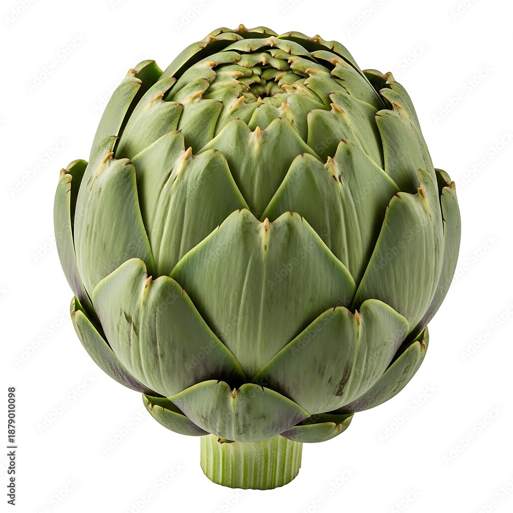 Obraz premium A fresh organic green artichoke vegetable isolated on white background, a raw healthy plant and vegetarian thistle flower perfect for cooking, nutrition, and diet