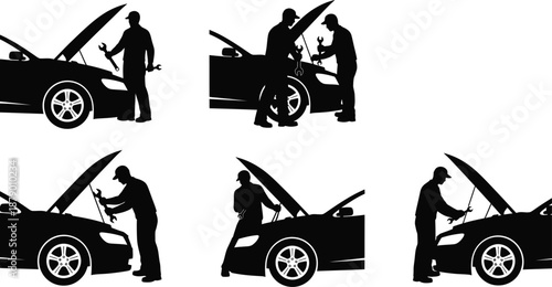 mechanics working on cars performing auto repair and maintenance tasks. Auto body mechanics inspecting engines with the hood open and teamwork scenarios vector illustration. 