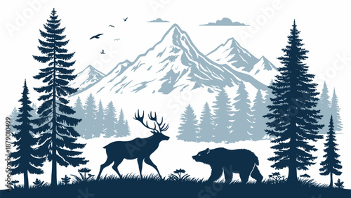Wildlife scene with deer and bear in forest landscape