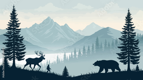 Serene mountain landscape with wildlife silhouettes at dusk
