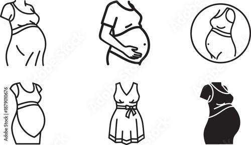 A set of six different minimalist line art and silhouette icons representing pregnant women and maternity Vector