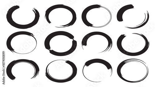A set of 12 black brush stroke circles viewed from a straightforward perspective in a graphic design context