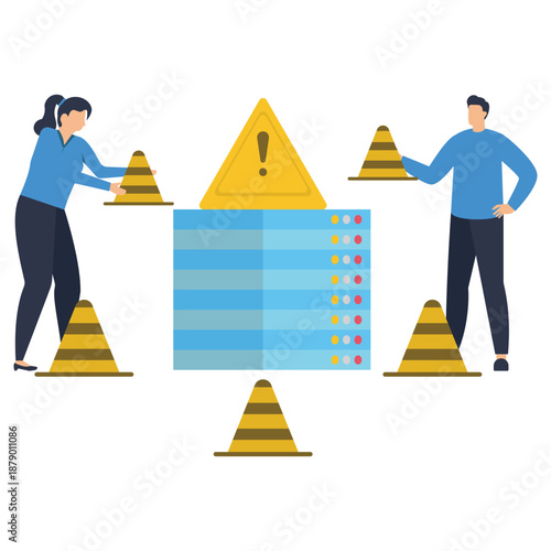 Two professionals install warning cones around a central server rack signifying data security maintenance or system failure alert.