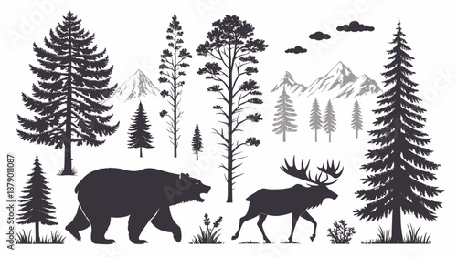 Majestic bear and moose in forest with mountains