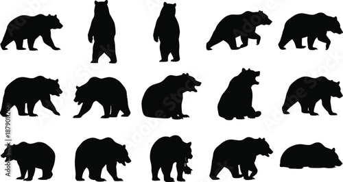 Black bear silhouette grid, wildlife vector, forest animal poses, nature clipart set, walking, sitting, growling, lying, standing, roaring
