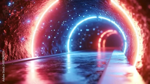 Neon Tunnel of Possibilities: A mesmerizing neon-lit tunnel, bathed in vibrant red and blue hues, offers a captivating visual journey into the unknown.