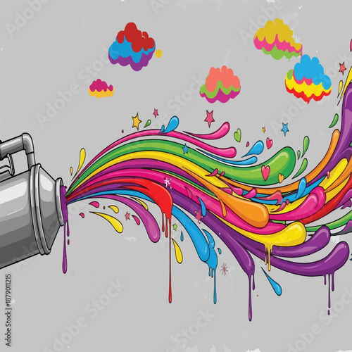 Creative Paint Spray Can Explosion with Vibrant Rainbow Splatters and Colorful Abstract Clouds