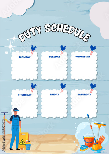 Cleaning Schedule Template with Janitor Organizing Tasks on a Light Blue Background with Cleaning Supplies