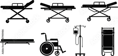 hospital and medical equipment medical stretchers and gurneys, wheelchair, IV (intravenous) stand vector icon silhouette. 