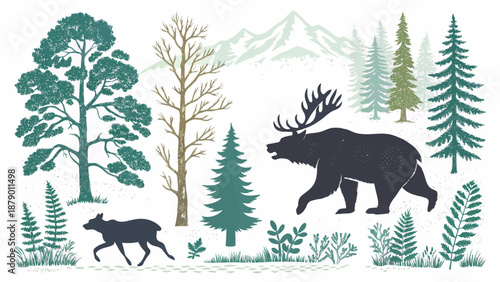 Majestic bear and deer in forest with mountains background