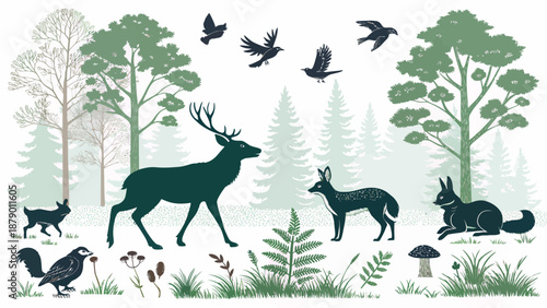 Serene forest scene with animals and lush greenery in harmony