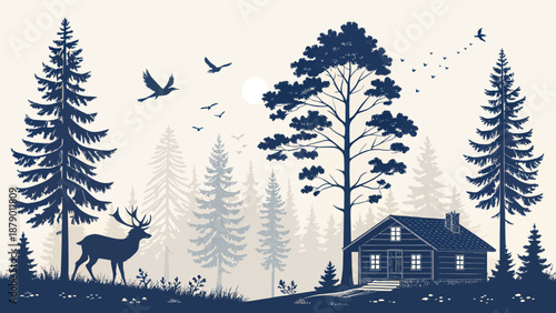 Serene forest cabin with deer and birds at dusk