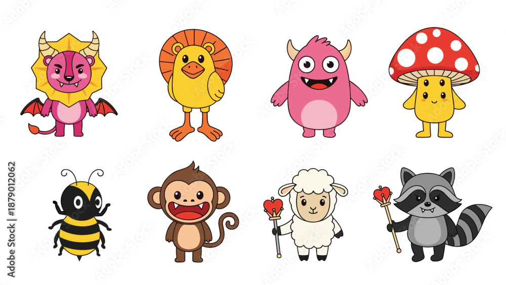 Fototapeta premium Colorful collection of imaginative and friendly monster characters including a lion dragon, monkey, and mushroom man.