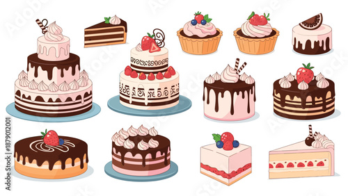 Beautifully decorated cakes and dessert slices with strawberries, chocolate, and cream toppings in a colorful set.