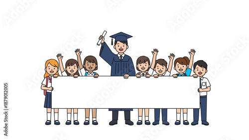 Proud graduate in a blue gown holding a diploma while surrounded by happy children behind a blank white banner.