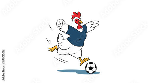 Energetic white chicken wearing a blue jersey skillfully dribbling a soccer ball across a clean white background.