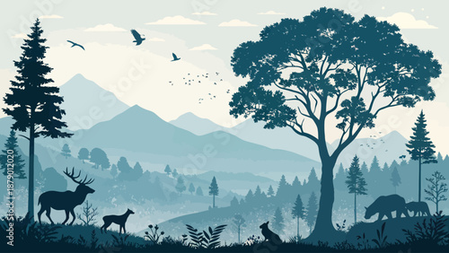 Serene forest landscape with wildlife in misty mountain valley