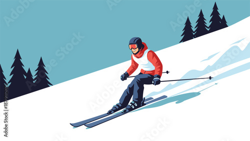 Skillful skier in red jacket and blue pants descending a snowy mountain slope with pine trees in the background.