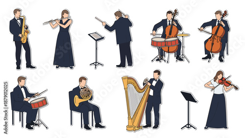 Professional musicians in formal attire playing various classical instruments including cello, harp, flute, and drums.