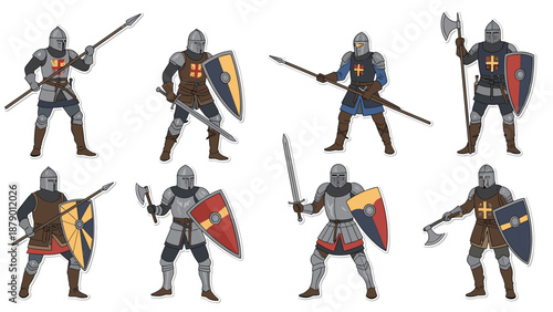 Various medieval knights in full plate armor wielding different weapons including swords, axes, spears, and shields.
