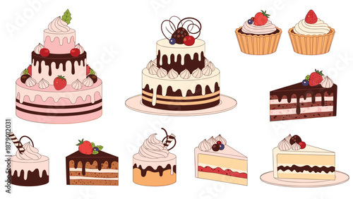 Mouth-watering selection of multi-tiered cakes and individual dessert slices topped with berries and chocolate.