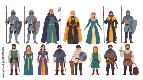 Diverse group of medieval people including royalty, knights, peasants, and townspeople dressed in period clothing.