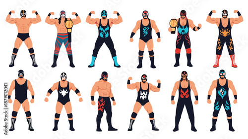 Powerful Mexican lucha libre wrestlers in colorful masks and traditional wrestling gear showcasing various poses.