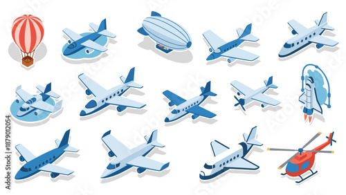 Extensive collection of isometric aircraft including commercial planes, jets, helicopters, blimps, and a hot air balloon.