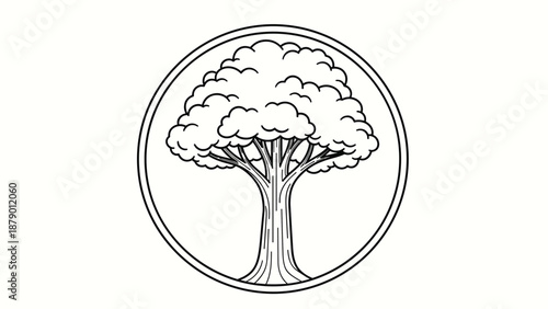 Elegant black and white line art illustration of a large leafy tree enclosed within a simple minimalist circular frame.
