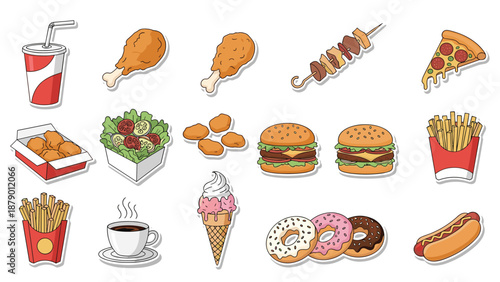 Delicious variety of fast food items including burgers, fries, pizza, hot dogs, chicken, and donuts as sticker set.