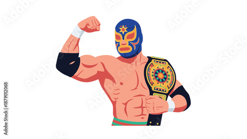 Muscular Mexican lucha libre wrestler wearing a blue and gold mask flexing his biceps and holding a championship belt.