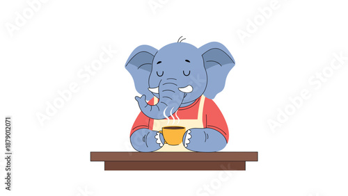 Peaceful blue elephant character wearing an apron and sitting at a table while enjoying a warm cup of tea or coffee.