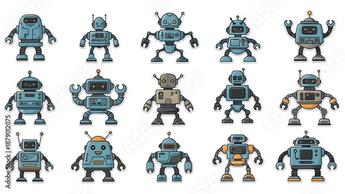 Diverse collection of retro style and futuristic robots with different designs, colors, and features in a sticker set.