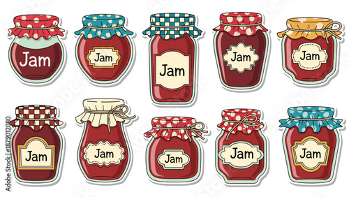 Assorted jars of delicious homemade fruit jam with decorative lids and labels in a variety of shapes and sizes.
