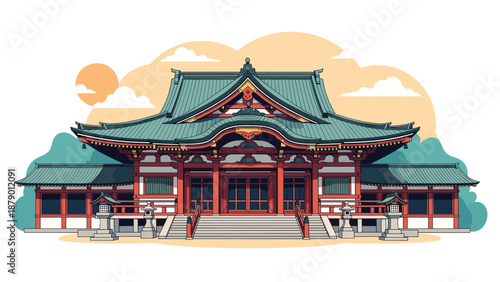 Magnificent Japanese Shinto or Buddhist temple with traditional architecture under a warm sunset sky with soft clouds.